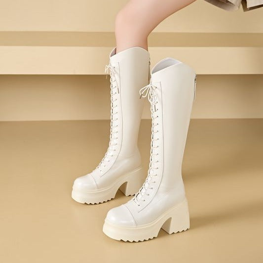 Hohe Stiefel Damenstiefel mit Schnürung und Robuster Ferse