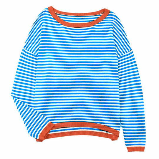 Damen nan gestreifter Baumwollpullover mit Rundhalsausschnitt, legerer Passform und gerippten Abschlüssen Shop Nory