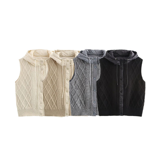 Damen Strickweste mit wattierter Kapuze, Stehkragen und Zopfmuster Shop Nory