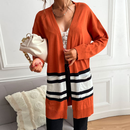 Damen Longline-Cardigan mit Kontraststreifen, aufgesetzten Taschen & Rippbündchen Shop Nory