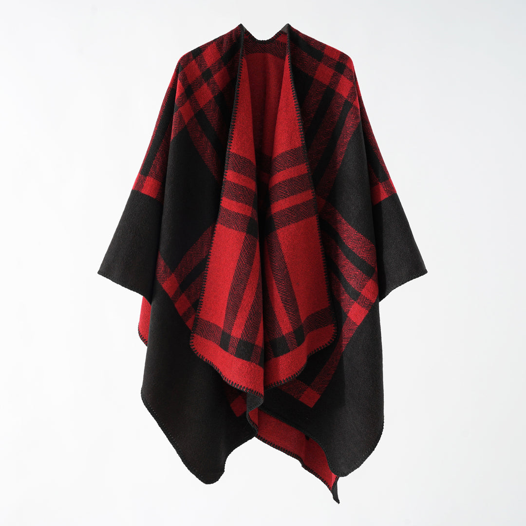 Damen Wendbarer Wollmix-Poncho mit geometrischem Karomuster und Ziernaht Shop Nory
