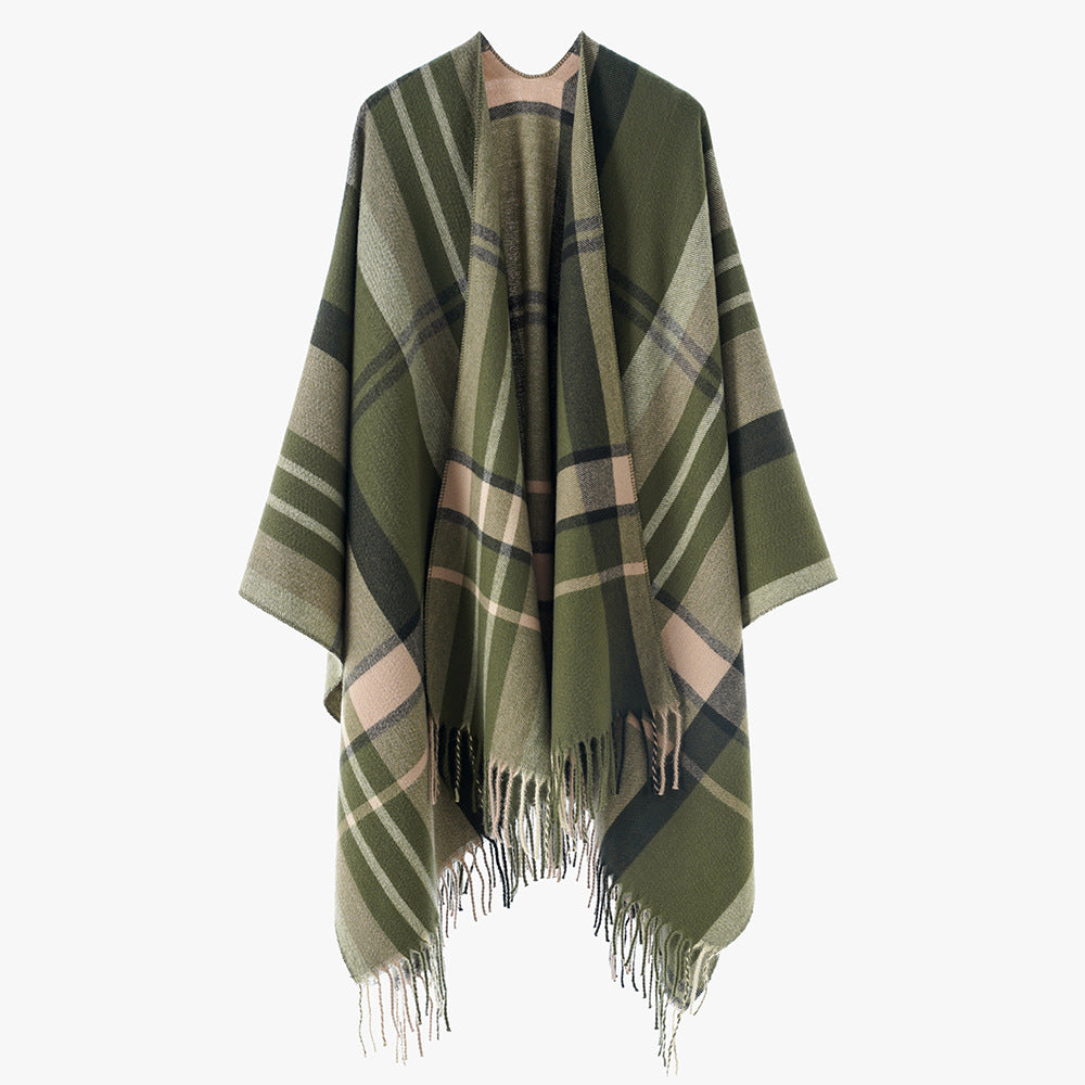 Damen Oversize Karierter Fransen-Poncho aus weichem Strick Shop Nory