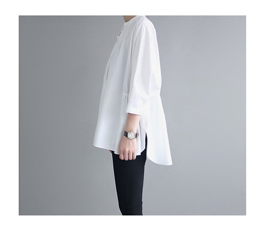 Damen Oversized-Bluse mit Stehkragen, ballonförmiger Silhouette und 3/4-Ärmeln Shop Nory