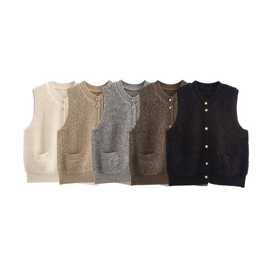 Damen Ärmellose Teddy‑Weste mit Knopfleiste und aufgesetzten Taschen Shop Nory