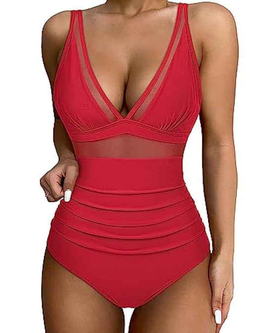 Damen Hochtaillierter Badeanzug mit transparenten Einsätzen