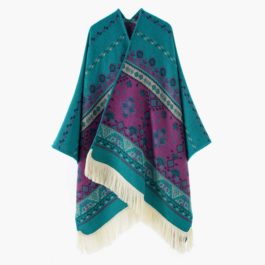 Damen Jacquard‑Ruana mit Fransen und folklorem Muster Shop Nory