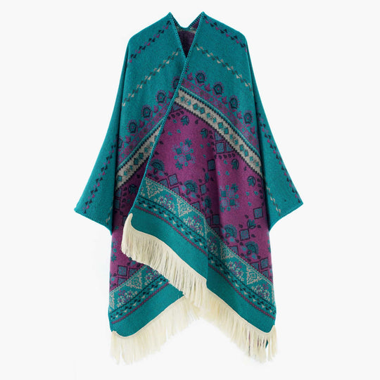 Damen Jacquard‑Ruana mit Fransen und folklorem Muster Shop Nory