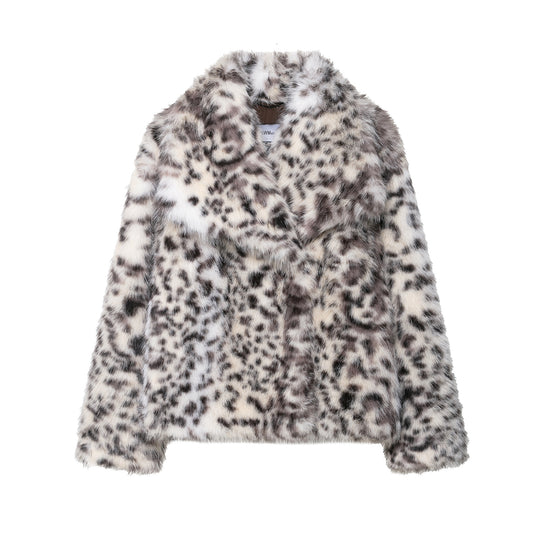 Damen Kurzer Kunstfellmantel mit Leopardenmuster und Schalkragen Shop Nory