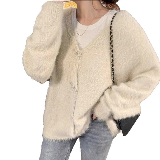 Damen Flauschiger Mohair‑Optik Cardigan mit dekorativen Schleifenverschlüssen Shop Nory