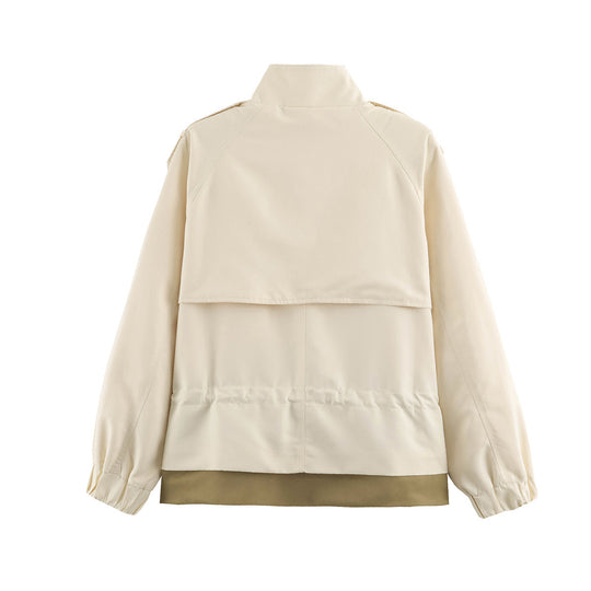 Damen leichte Utility-Jacke mit Tunnelzug-Taillenraffung, Stehkragen und Pattentaschen Shop Nory