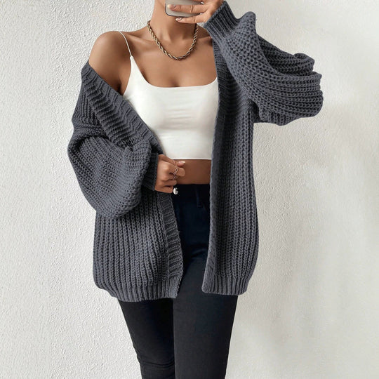 Damen nan Oversize-Strickcardigan mit grobem Waffelstrick, offener Front und voluminösen Ballonärmeln Shop Nory