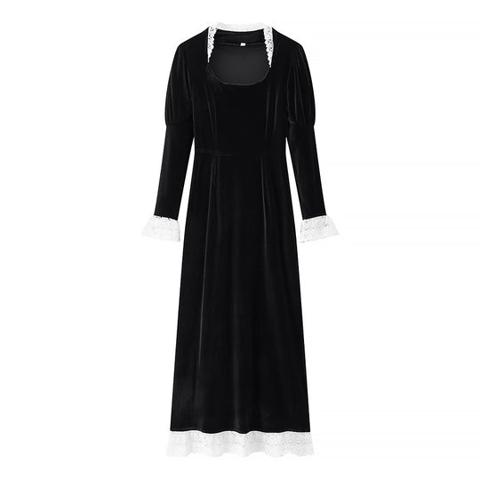Damen Maxikleid aus Samt mit quadratischem Ausschnitt, Puffärmeln und Spitzenbesatz Shop Nory