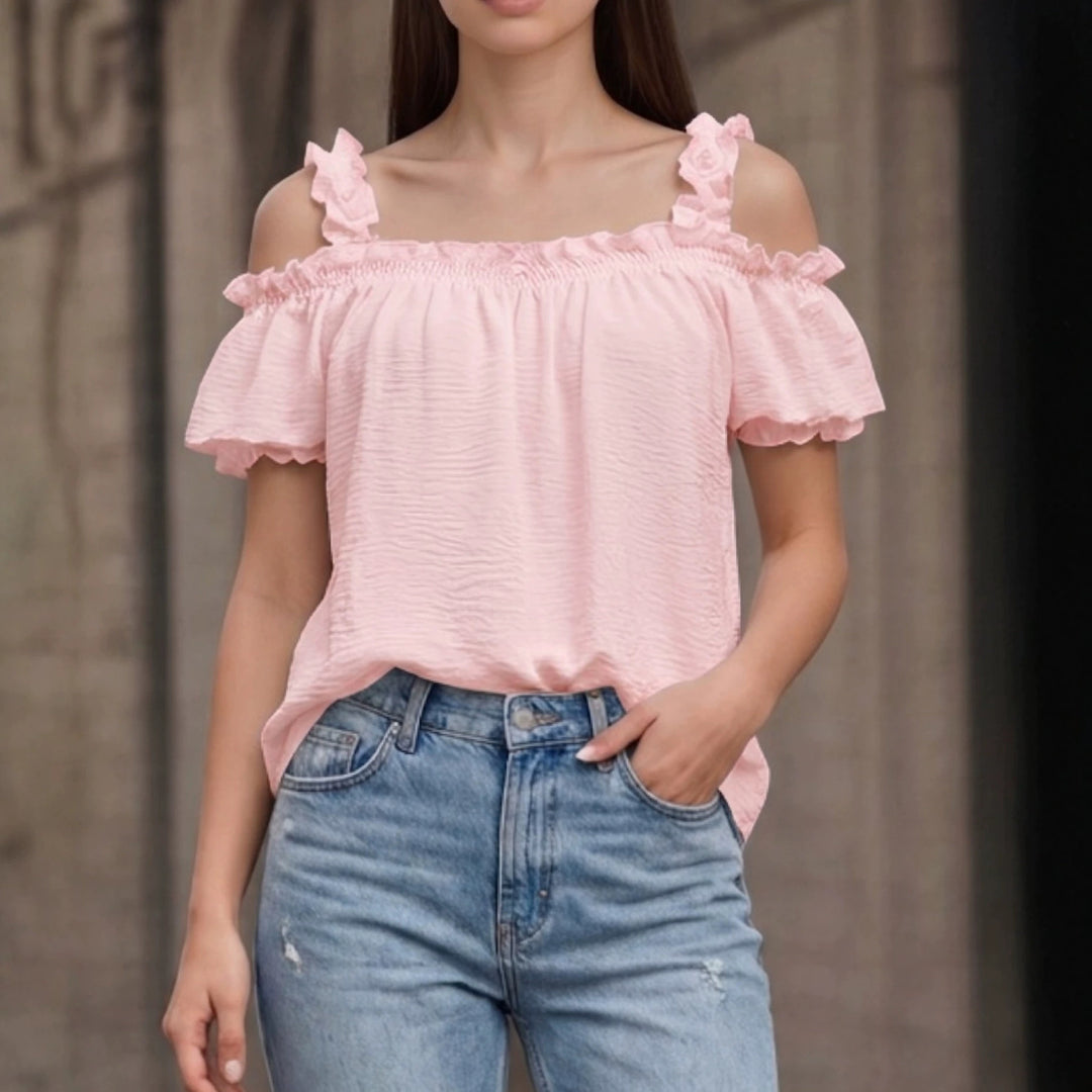 Damen Schulterfreies Crinkle-Top mit Smok-Bandeau, Rüschen‑Trägern und Flügelärmeln Shop Nory