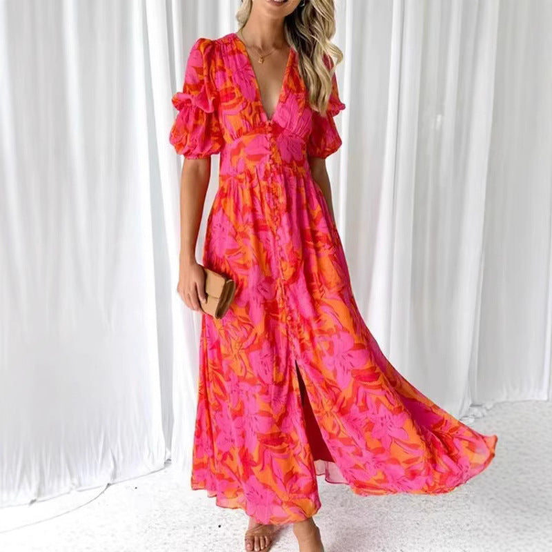Damen Maxikleid mit Blumenmuster und V-Ausschnitt