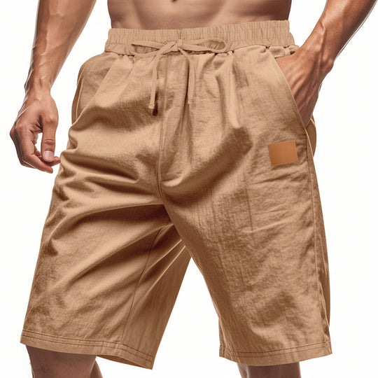 Herren nan leichte Freizeit-Bermudashorts mit Elastikbund, Kordelzug und dezenter Lederapplikation