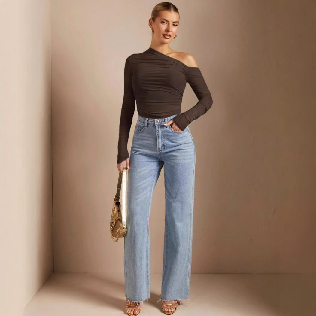 Damen Asymmetrischer Body mit Raffungen und langen Ärmeln
