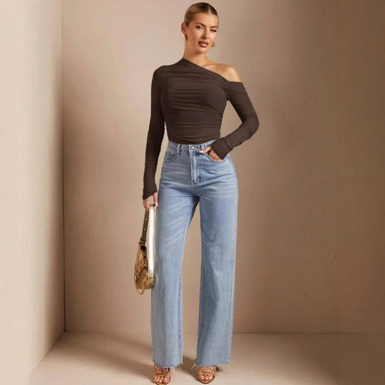 Damen Asymmetrischer Body mit Raffungen und langen Ärmeln