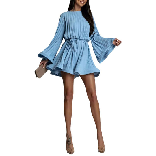 Damen Plissiertes Mini-Kleid mit weiten Glockenärmeln und Taillengürtel Shop Nory