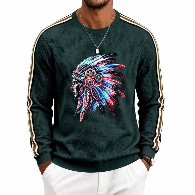 Herren Sweatshirt mit stilisiertem Kopfschmuck-Print und Kontraststreifen an den Ärmeln Shop Nory