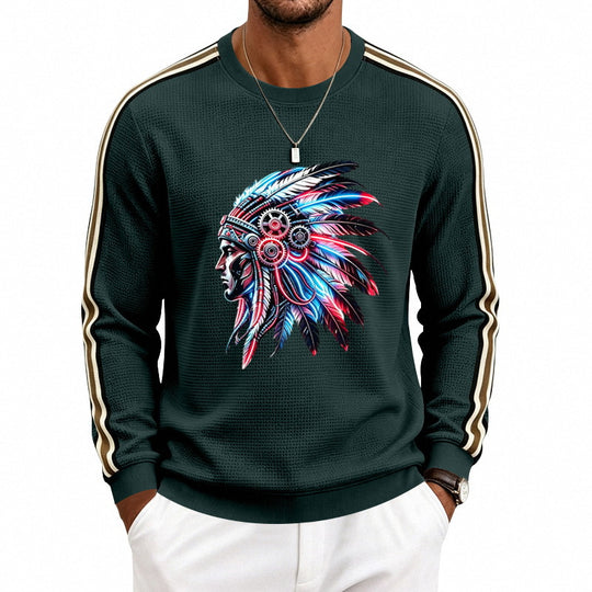 Herren Sweatshirt mit stilisiertem Kopfschmuck-Print und Kontraststreifen an den Ärmeln Shop Nory