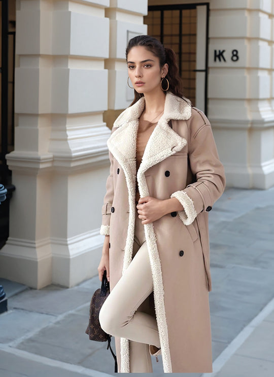 Damen Langer Mantel mit Teddyfutter, doppelreihiger Knopfleiste und tailliertem Schnitt Shop Nory