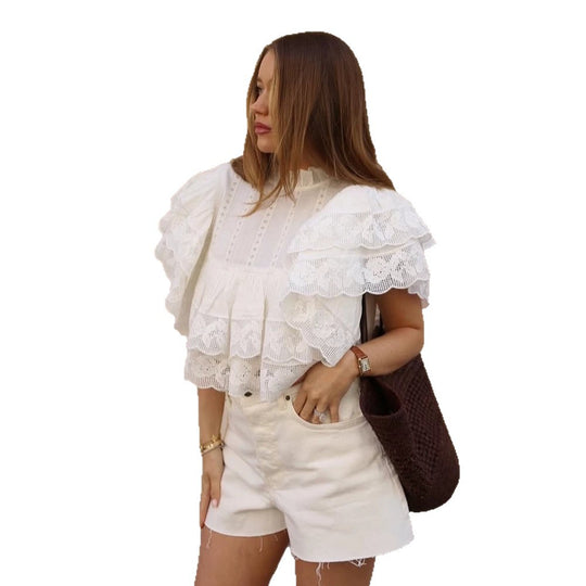 Damen Spitzenbluse im Cropped-Volantstil mit Stehkragen und Lagenrüschen Shop Nory