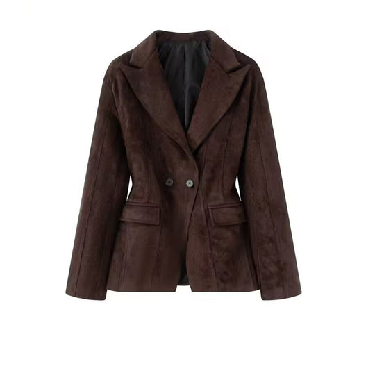 Damen Taillierter Veloursleder-Blazer mit Reverskragen und Pattentaschen Shop Nory