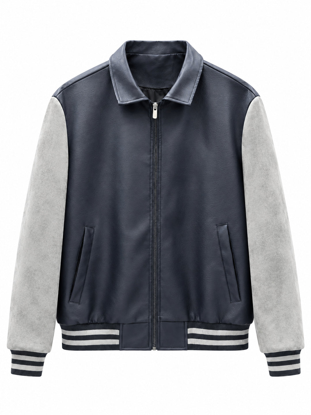 Herren Retro Letterman‑Bomber mit glattem Kunstlederkörper und Veloursärmmel-Detail Shop Nory