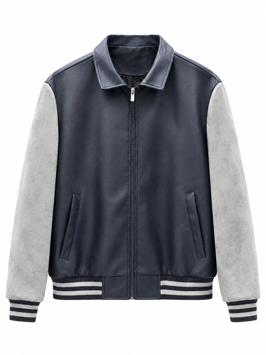 Herren Retro Letterman‑Bomber mit glattem Kunstlederkörper und Veloursärmmel-Detail Shop Nory