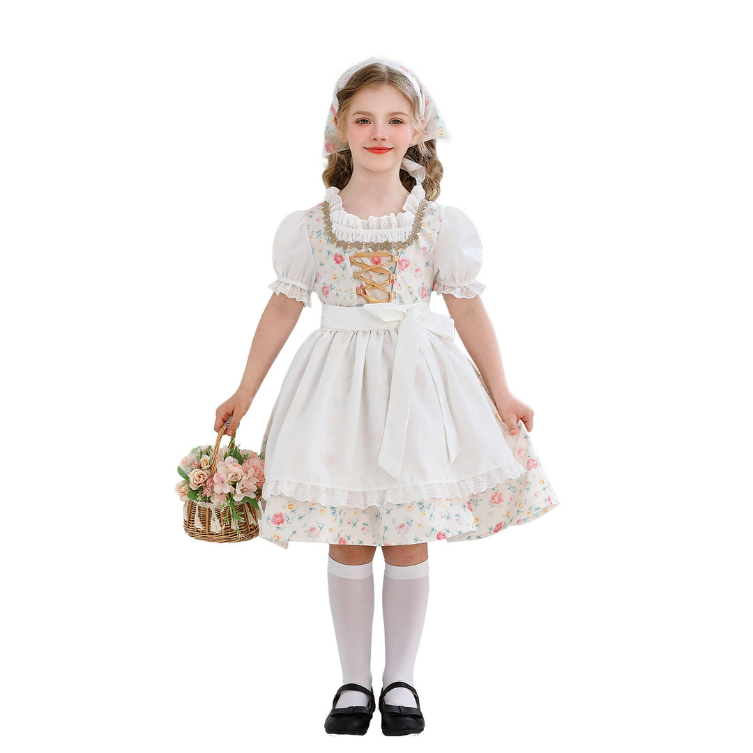 Damen nan traditionelles Dirndlkleid für Mädchen mit bestickter Schürze, Rüschenkragen und passendem Kopftuch Shop Nory