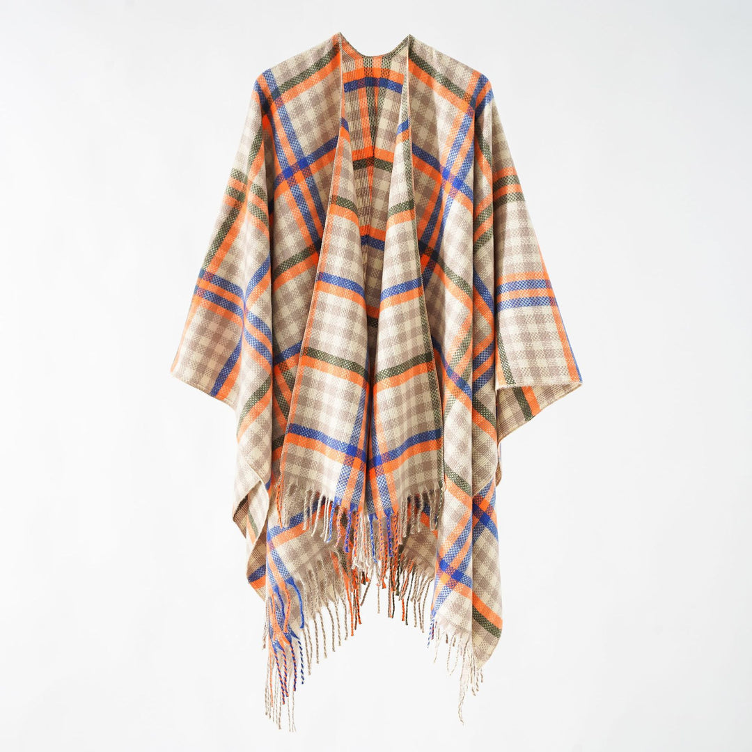 Damen Karierter Wollmix Poncho mit Fransen und offenem Oversize Fall Shop Nory