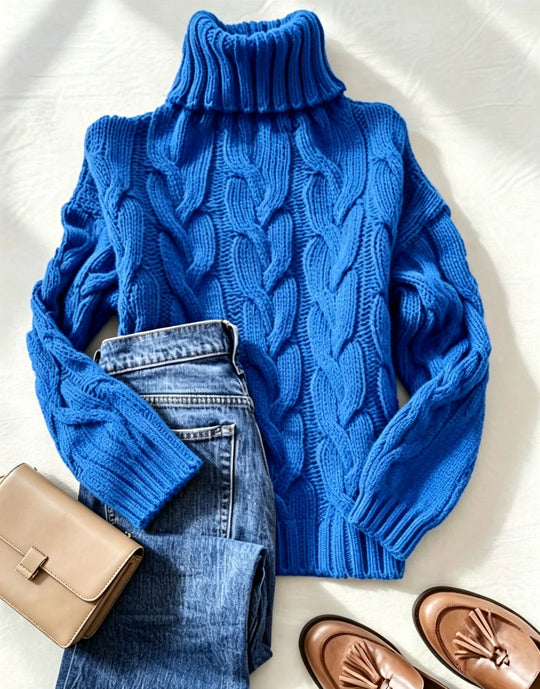 Damen Grobstrick-Rollkragenpullover mit markanten Zopfmustern und gerippten Bündchen Shop Nory