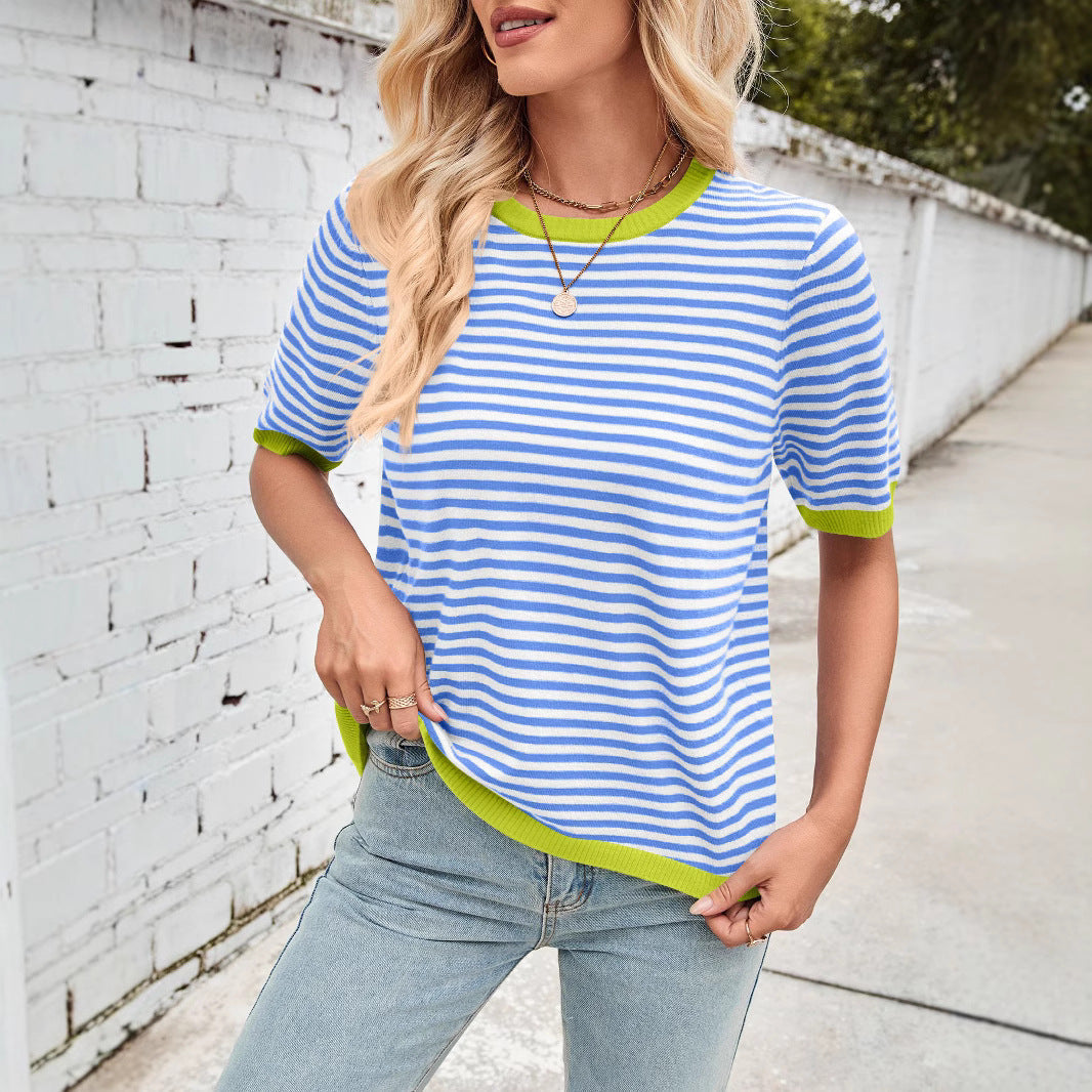 Damen bequeme gestreifte Freizeitbluse mit Kontrastkragen Shopnory