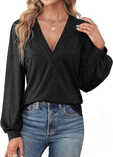 Damen lässiges V-Ausschnitt Shirt mit Puffärmeln und eleganter Raffung Shopnory