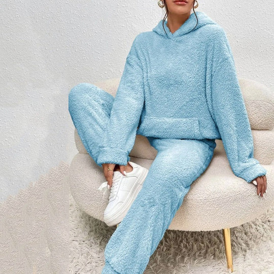Damen nan kuscheliges Teddy-Fleece Hausanzug-Set mit Kapuze, Kängurutasche und elastischer Jogginghose Shop Nory