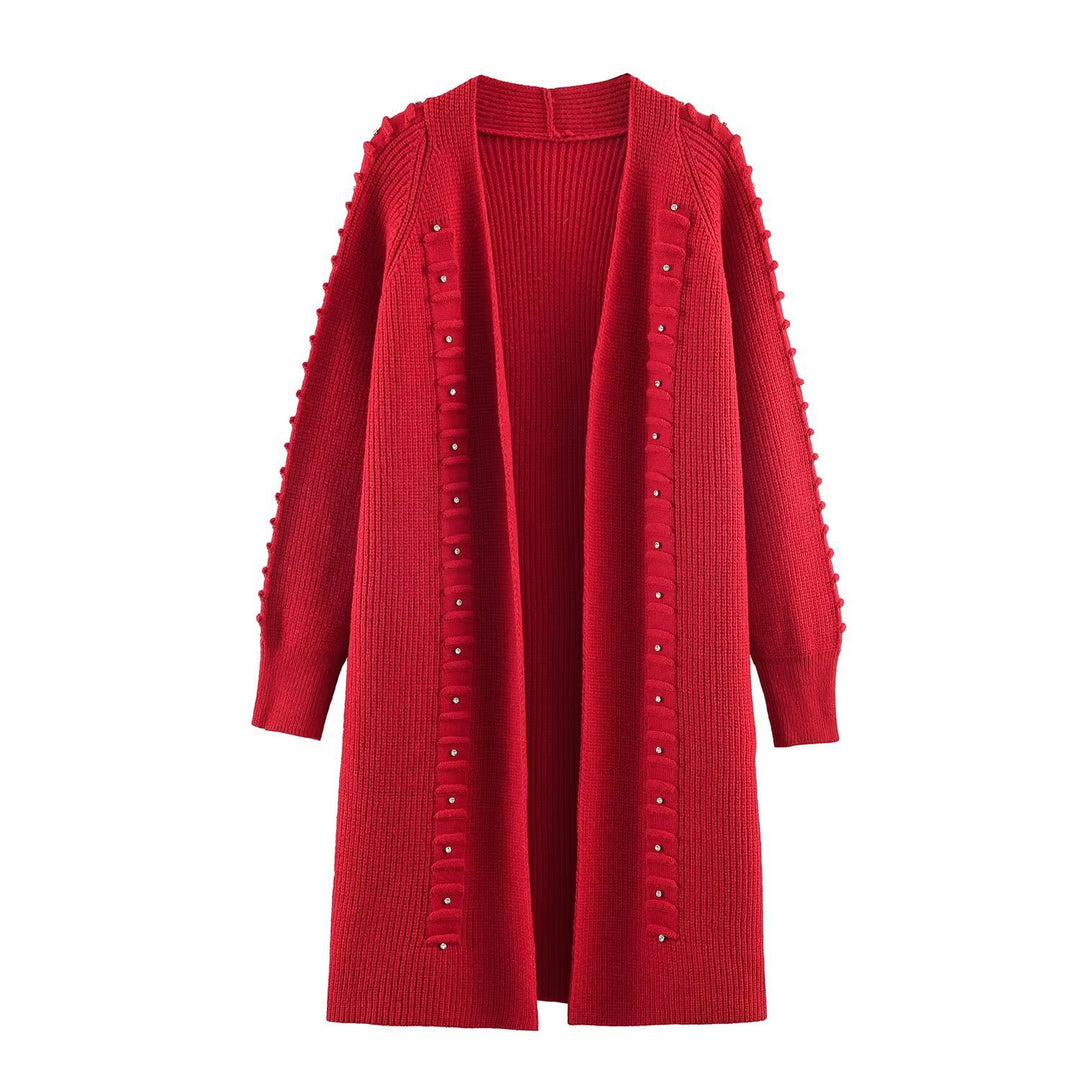 Damen Longline Strickcardigan mit Perlen- und Rüschendetail offene Front Shop Nory