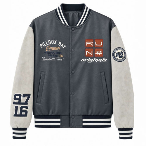 Herren Varsity-Bomberjacke im Retro-College-Stil mit Kunstlederkörper und Kontrastärmeln Shop Nory