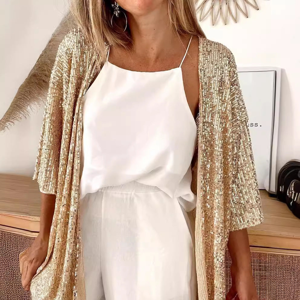 Damen Glamouröse Strickjacke mit Pailletten und lockerer Passform