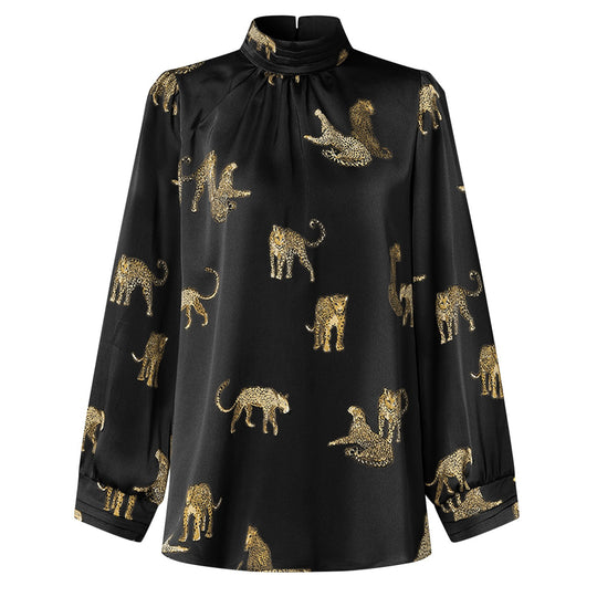 Damen Hochgeschlossenes Satinblusenshirt mit Stehkragen und Animal‑Print Shop Nory