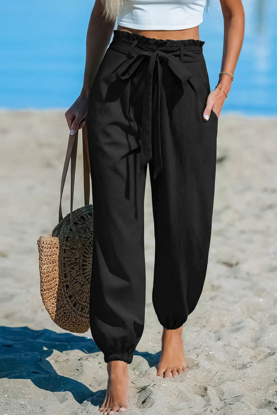 Damen Leichte Paperbag-Hochbund-Hose mit Bindegürtel, Seitentaschen und elastischen Knöchelbündchen Shop Nory