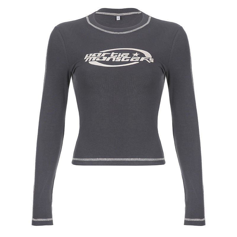 Damen nan figurbetontes Langarm-Crop-Shirt mit Logo-Print und Kontrastnähten Shop Nory