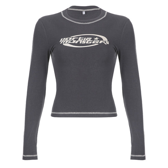 Damen nan figurbetontes Langarm-Crop-Shirt mit Logo-Print und Kontrastnähten Shop Nory