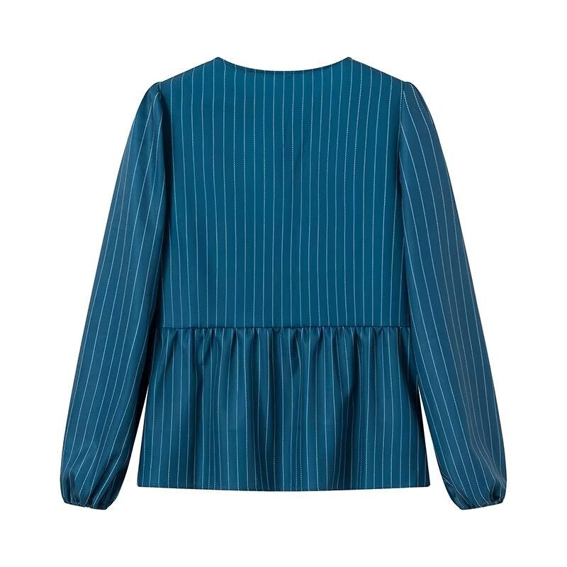 Damen Gestreifte Peplum‑Bluse mit vorderer Schnürung und langen Ballonärmeln Shop Nory