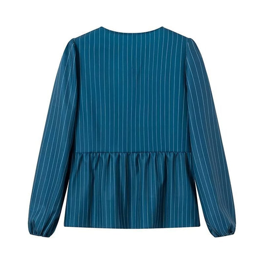 Damen Gestreifte Peplum‑Bluse mit vorderer Schnürung und langen Ballonärmeln Shop Nory