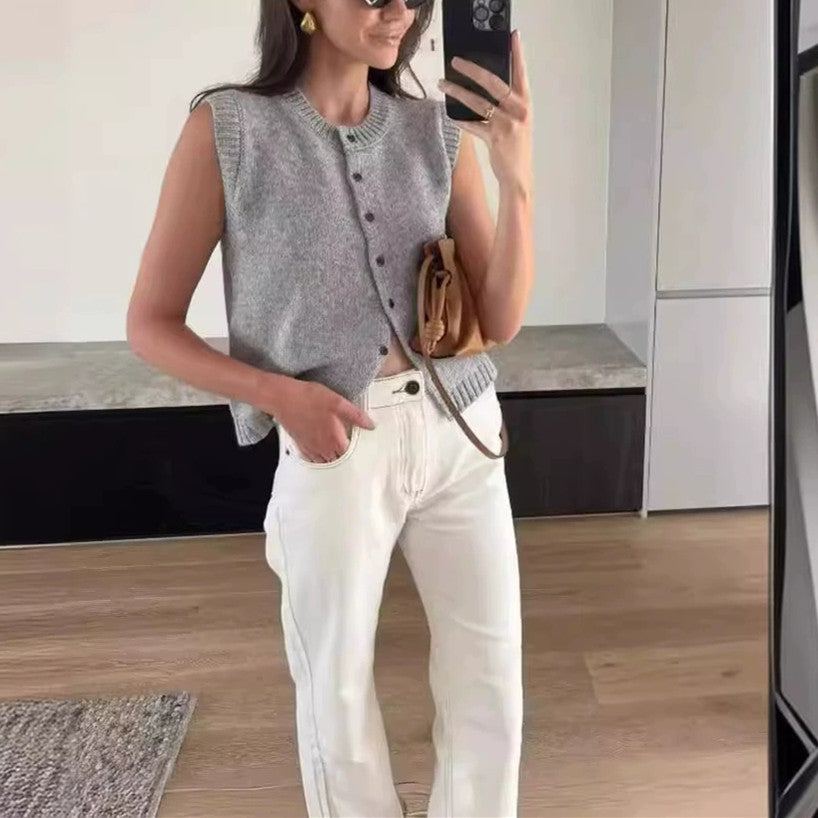Damen gestrickte ärmellose Knopf-Weste mit Rippkragen Shop Nory