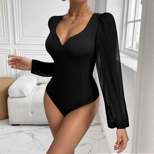 Damen Eleganter Bodys mit V-Ausschnitt und Puffärmeln Shop Nory