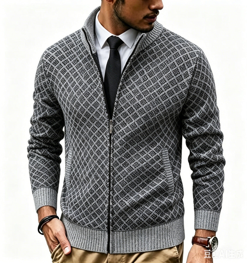 Herren Strukturierte Strickjacke mit Stehkragen und Diamant-Jacquard Shop Nory