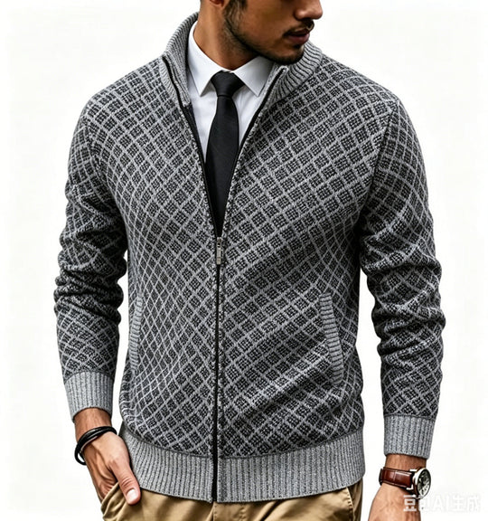 Herren Strukturierte Strickjacke mit Stehkragen und Diamant-Jacquard Shop Nory