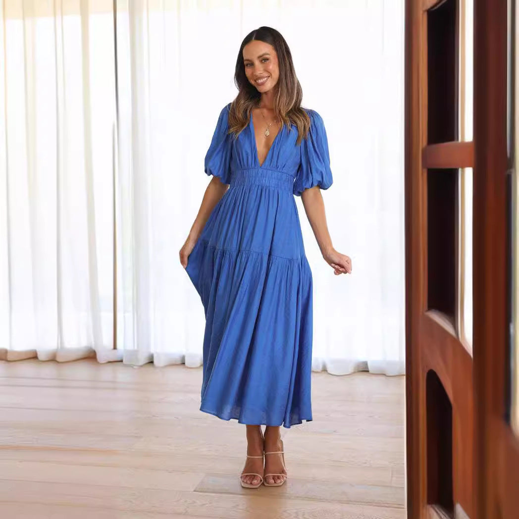 Damen Maxikleid mit weiten Puffärmeln und elastischem Taillenzug