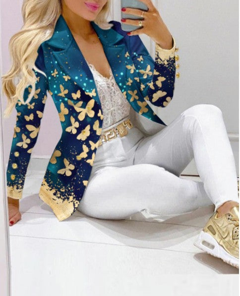 Damen Zweiteiliges Blazer-und-Hose-Set mit Schmetterlingsprint und glamourösem Glitzereffekt Shop Nory
